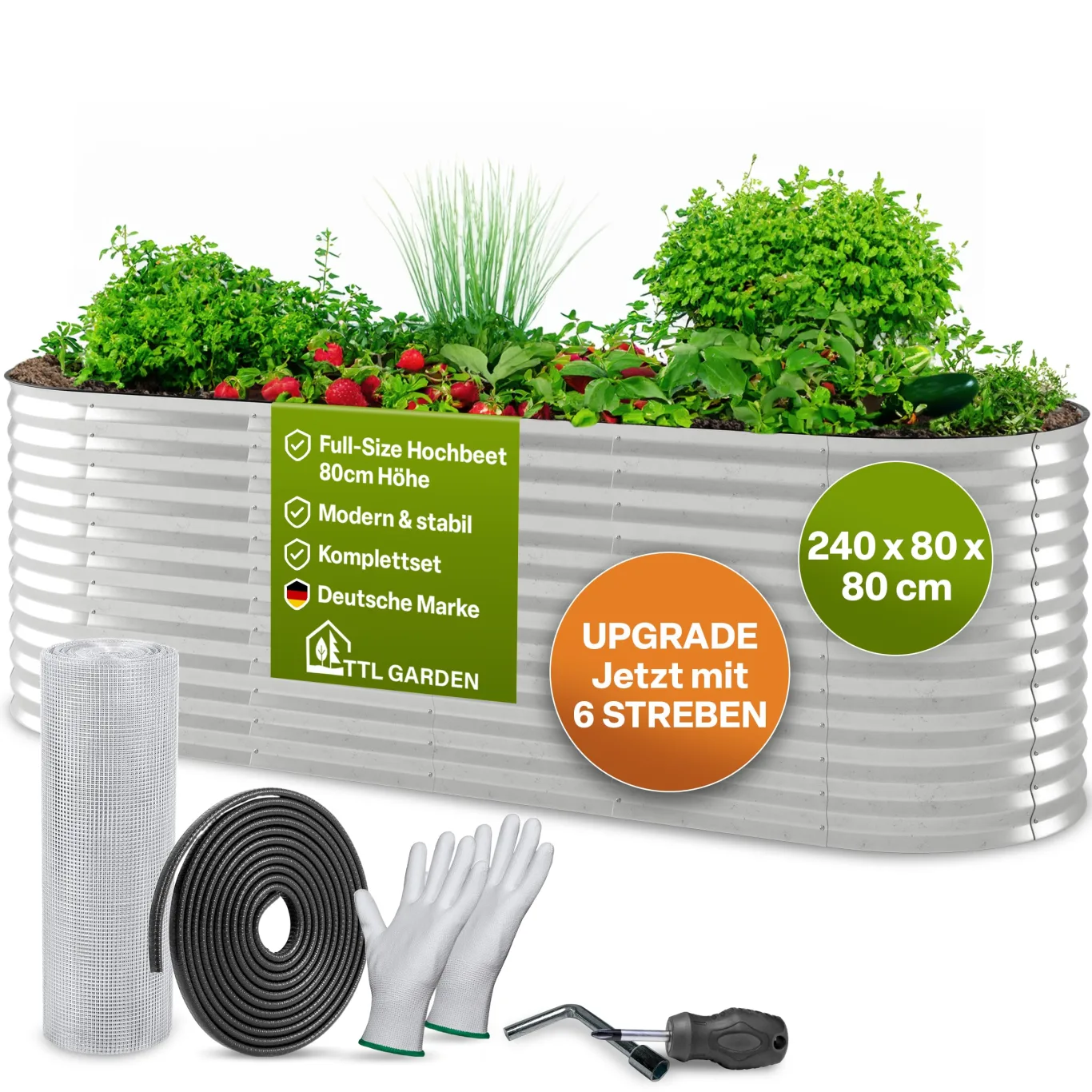 TTL GARDEN 240x80x80cm Spirit L Metall Hochbeet Silber - Stahl rostfrei verzinkt Wellblech ovale Form sehr groß stabil & wetterfest Garten Beet für Gemüse Kräuter Blumen Gartenbeet Gemüsebeet - Bild 1