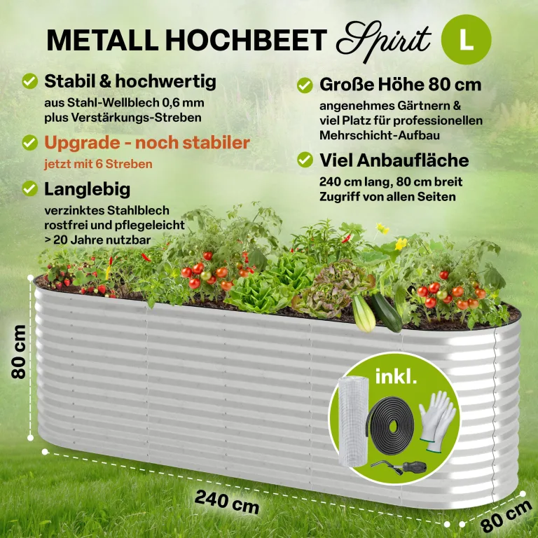 TTL GARDEN 240x80x80cm Spirit L Metall Hochbeet Silber - Stahl rostfrei verzinkt Wellblech ovale Form sehr groß stabil & wetterfest Garten Beet für Gemüse Kräuter Blumen Gartenbeet Gemüsebeet – Bild 2