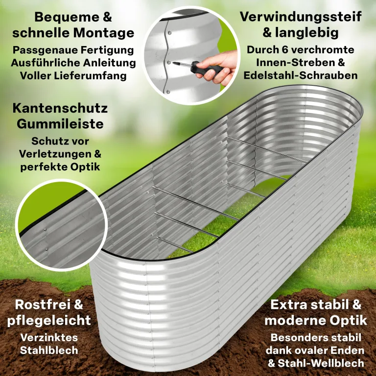 TTL GARDEN 240x80x80cm Spirit L Metall Hochbeet Silber - Stahl rostfrei verzinkt Wellblech ovale Form sehr groß stabil & wetterfest Garten Beet für Gemüse Kräuter Blumen Gartenbeet Gemüsebeet – Bild 3
