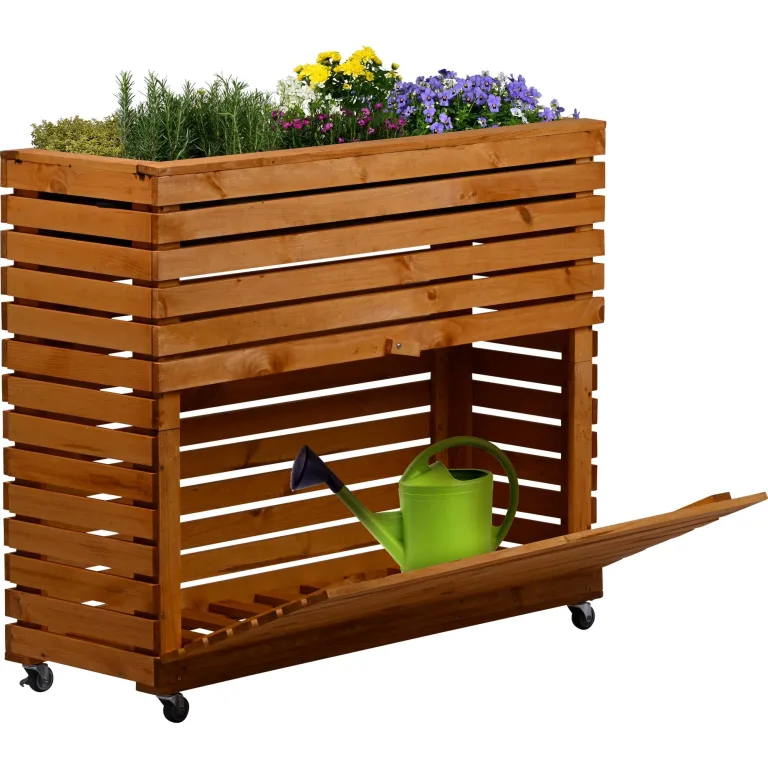 dobar® Großes Hochbeet Rolla aus Massivholz Gr. XL mit Rollen - Erhöhtes Beet mit Staufach - 72 x 32,5 x 78 cm - Braun – Bild 1