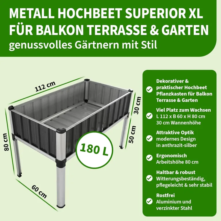 TTL GARDEN Superior XL 112x60x80cm Hochbeet aus Metall - Anthrazit-Silber Alu + Stahl verzinkt & lackiert - Frühbeet Pflanzkasten Kräuterbeet Blumenbeet Blumenkasten für Garten Balkon Terrasse – Bild 2