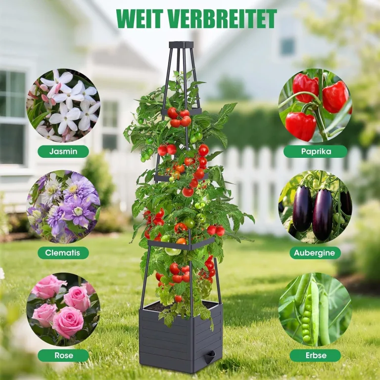 145cm Tomatentopf, 2 Pack Selbstbewässerung Tomatentopf mit Rankhilfe,Tomaten Rankhilfe mit Wasserspeicher，Höhe Einstellbar Tomatenturm，für Kletterpflanzen Gemüse Blumen Outdoor&Indoor – Bild 6