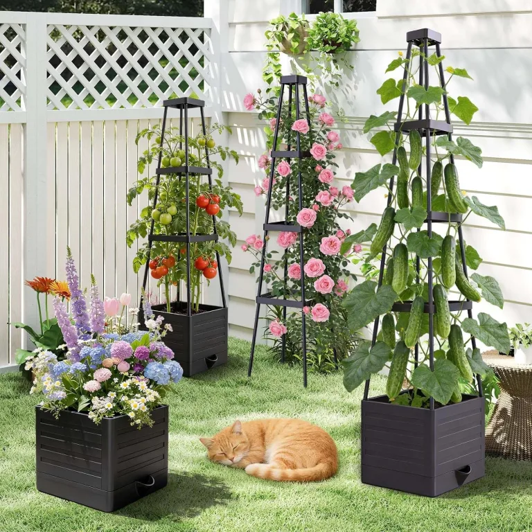 145cm Tomatentopf, 2 Pack Selbstbewässerung Tomatentopf mit Rankhilfe,Tomaten Rankhilfe mit Wasserspeicher，Höhe Einstellbar Tomatenturm，für Kletterpflanzen Gemüse Blumen Outdoor&Indoor – Bild 8