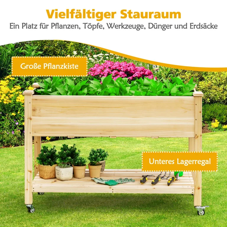 COSTWAY Hochbeet mit Ablage & Rollen, Erhöhtes Gartenbeet aus Holz, Pflanzkasten mit feststellbaren Rädern & Abdeckfolie, Gemüsebeet Kräuterbeet groß, für Balkon Garten Terrasse, 120 x 59 x 84 cm – Bild 3