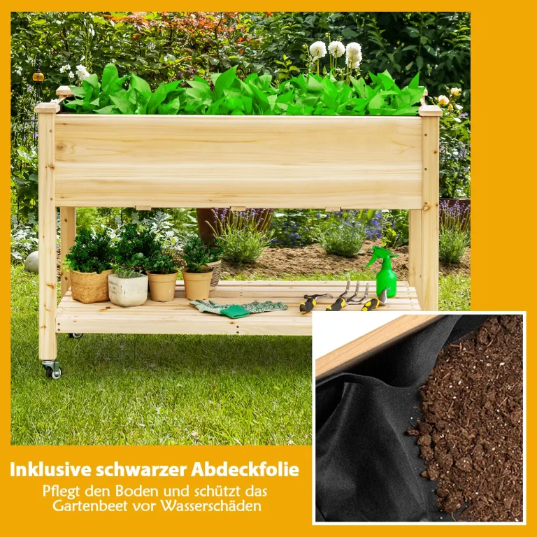 COSTWAY Hochbeet mit Ablage & Rollen, Erhöhtes Gartenbeet aus Holz, Pflanzkasten mit feststellbaren Rädern & Abdeckfolie, Gemüsebeet Kräuterbeet groß, für Balkon Garten Terrasse, 120 x 59 x 84 cm – Bild 7