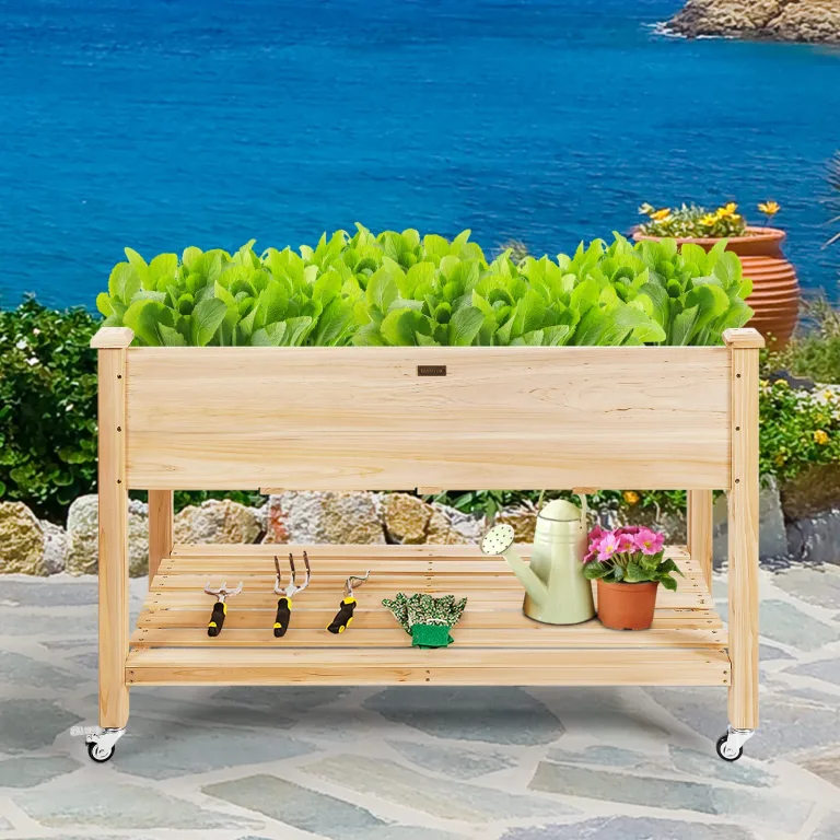 COSTWAY Hochbeet mit Ablage & Rollen, Erhöhtes Gartenbeet aus Holz, Pflanzkasten mit feststellbaren Rädern & Abdeckfolie, Gemüsebeet Kräuterbeet groß, für Balkon Garten Terrasse, 120 x 59 x 84 cm – Bild 8