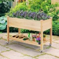 COSTWAY Hochbeet mit Ablage & Rollen, Erhöhtes Gartenbeet aus Holz, Pflanzkasten mit feststellbaren Rädern & Abdeckfolie, Gemüsebeet Kräuterbeet groß, für Balkon Garten Terrasse, 120 x 59 x 84 cm - Thumbnail 9