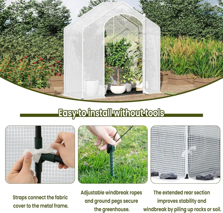 WOLTU Foliengewächshaus Winterfest mit Schwarzer PE-Gewebeboden, gewächshaus Folie für Aufzucht Tomaten, Tomatenhaus mit Tür Fenstern, aus Stahlrohr PE, 200x80x200cm, Weiß – Bild 2