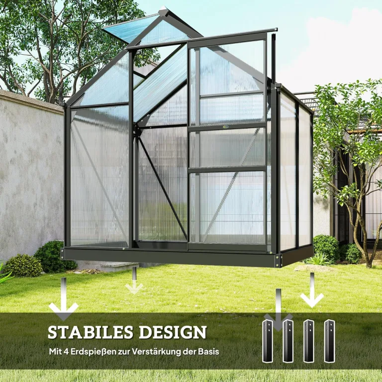 Outsunny Gewächshaus Aluminium Treibhaus mit Dachfenster Tür 190 x 132 x 201 cm Pflanzenhaus mit Fundament begehbares Tomatenhaus Witterungsbeständig Polycarbonat Grau+Transparent – Bild 5