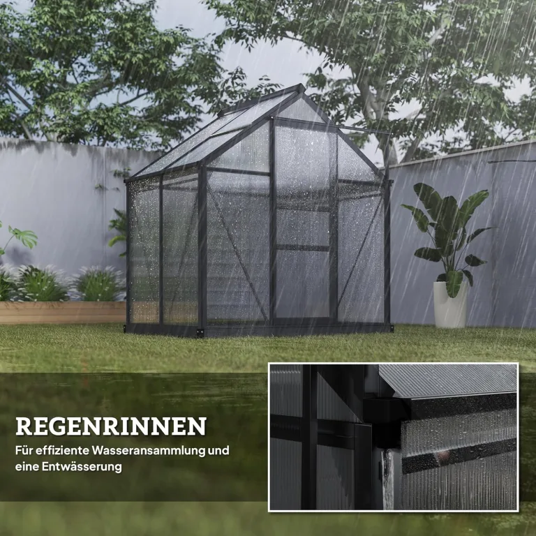 Outsunny Gewächshaus Aluminium Treibhaus mit Dachfenster Tür 190 x 132 x 201 cm Pflanzenhaus mit Fundament begehbares Tomatenhaus Witterungsbeständig Polycarbonat Grau+Transparent – Bild 6
