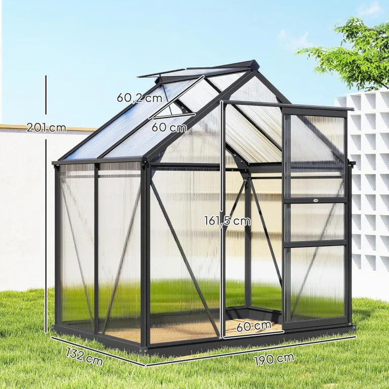 Outsunny Gewächshaus Aluminium Treibhaus mit Dachfenster Tür 190 x 132 x 201 cm Pflanzenhaus mit Fundament begehbares Tomatenhaus Witterungsbeständig Polycarbonat Grau+Transparent – Bild 7