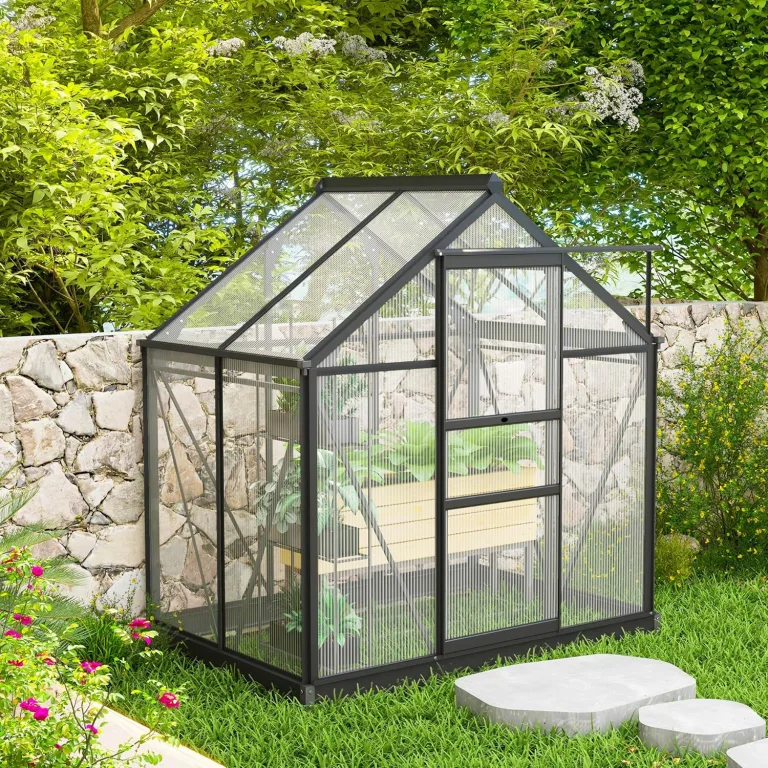Outsunny Gewächshaus Aluminium Treibhaus mit Dachfenster Tür 190 x 132 x 201 cm Pflanzenhaus mit Fundament begehbares Tomatenhaus Witterungsbeständig Polycarbonat Grau+Transparent – Bild 8