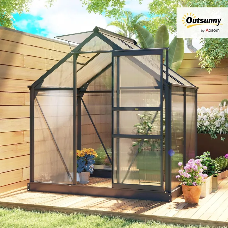 Outsunny Gewächshaus Aluminium Treibhaus mit Dachfenster Tür 190 x 132 x 201 cm Pflanzenhaus mit Fundament begehbares Tomatenhaus Witterungsbeständig Polycarbonat Grau+Transparent – Bild 2