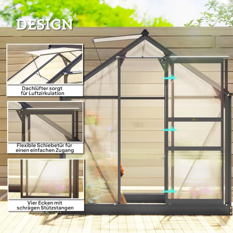 Outsunny Gewächshaus Aluminium Treibhaus mit Dachfenster Tür 190 x 132 x 201 cm Pflanzenhaus mit Fundament begehbares Tomatenhaus Witterungsbeständig Polycarbonat Grau+Transparent – Bild 3