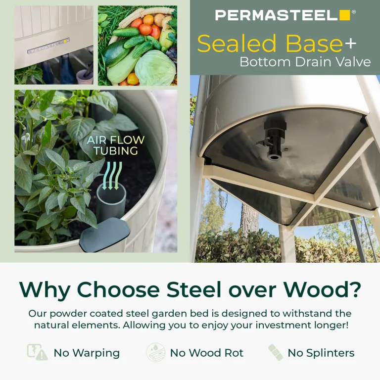 Permasteel Hochbeet Metall mit Rollen für Garten oder Balkon - Pflanzkübel groß außen 101x51x94 cm - Selbstbewässerungssystem, Wasserstandsanzeige und Ablassventil - US – Bild 8