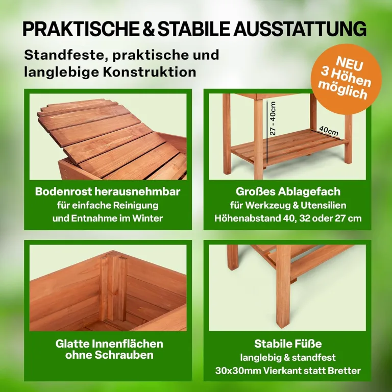 TTL GARDEN Balkon Hochbeet M 80x40x80cm aus Holz - Pflanzkasten & Blumenkasten mit Ablageboden & Folie - Tannenholz wetterfest - Pflanzbeet Kräuterbeet Blumenbeet für Garten Balkon Terrasse - Braun – Bild 5