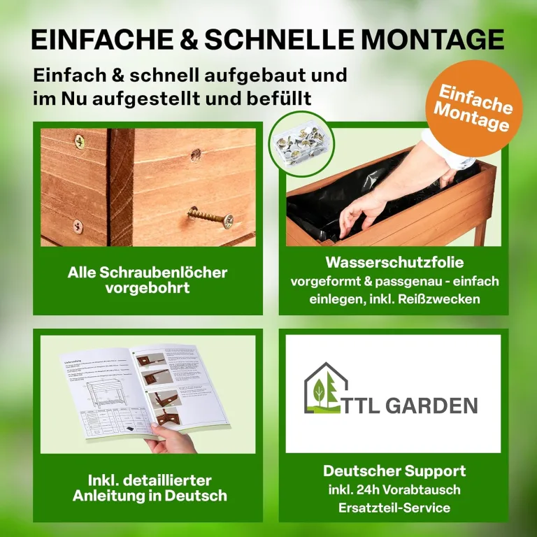 TTL GARDEN Balkon Hochbeet M 80x40x80cm aus Holz - Pflanzkasten & Blumenkasten mit Ablageboden & Folie - Tannenholz wetterfest - Pflanzbeet Kräuterbeet Blumenbeet für Garten Balkon Terrasse - Braun – Bild 6
