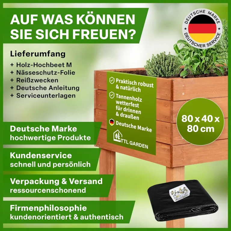TTL GARDEN Balkon Hochbeet M 80x40x80cm aus Holz - Pflanzkasten & Blumenkasten mit Ablageboden & Folie - Tannenholz wetterfest - Pflanzbeet Kräuterbeet Blumenbeet für Garten Balkon Terrasse - Braun – Bild 8