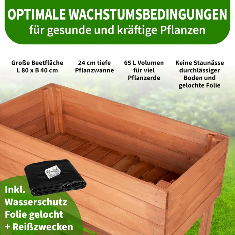 TTL GARDEN Balkon Hochbeet M 80x40x80cm aus Holz - Pflanzkasten & Blumenkasten mit Ablageboden & Folie - Tannenholz wetterfest - Pflanzbeet Kräuterbeet Blumenbeet für Garten Balkon Terrasse - Braun – Bild 4