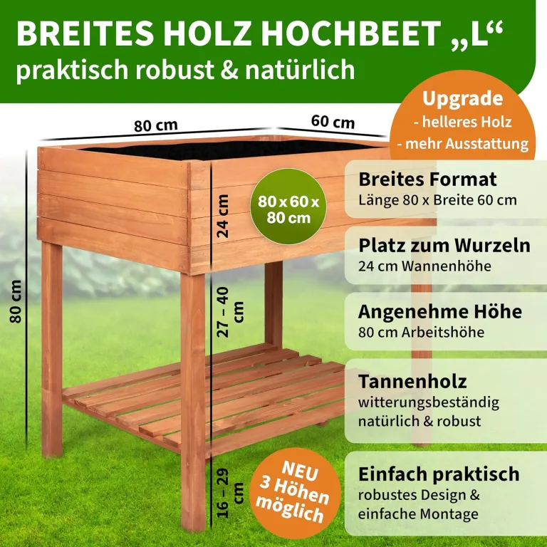TTL GARDEN Balkon Hochbeet XL 120x40x80cm aus Holz - Pflanzkasten & Blumenkasten mit Ablageboden & Folie - Tannenholz wetterfest - Pflanzbeet Kräuterbeet Blumenbeet für Garten Balkon Terrasse Braun – Bild 3