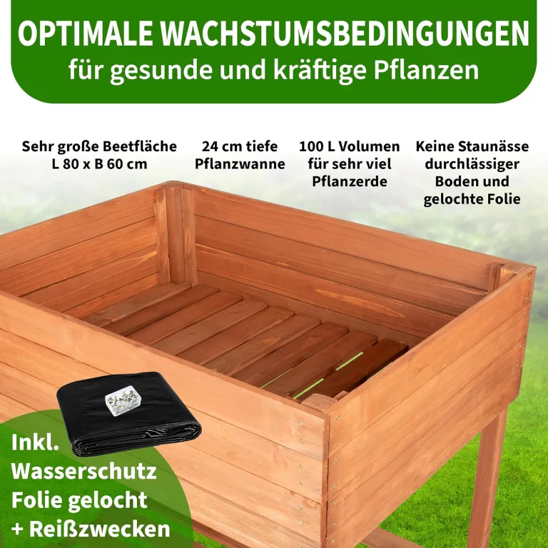 TTL GARDEN Balkon Hochbeet XL 120x40x80cm aus Holz - Pflanzkasten & Blumenkasten mit Ablageboden & Folie - Tannenholz wetterfest - Pflanzbeet Kräuterbeet Blumenbeet für Garten Balkon Terrasse Braun – Bild 4