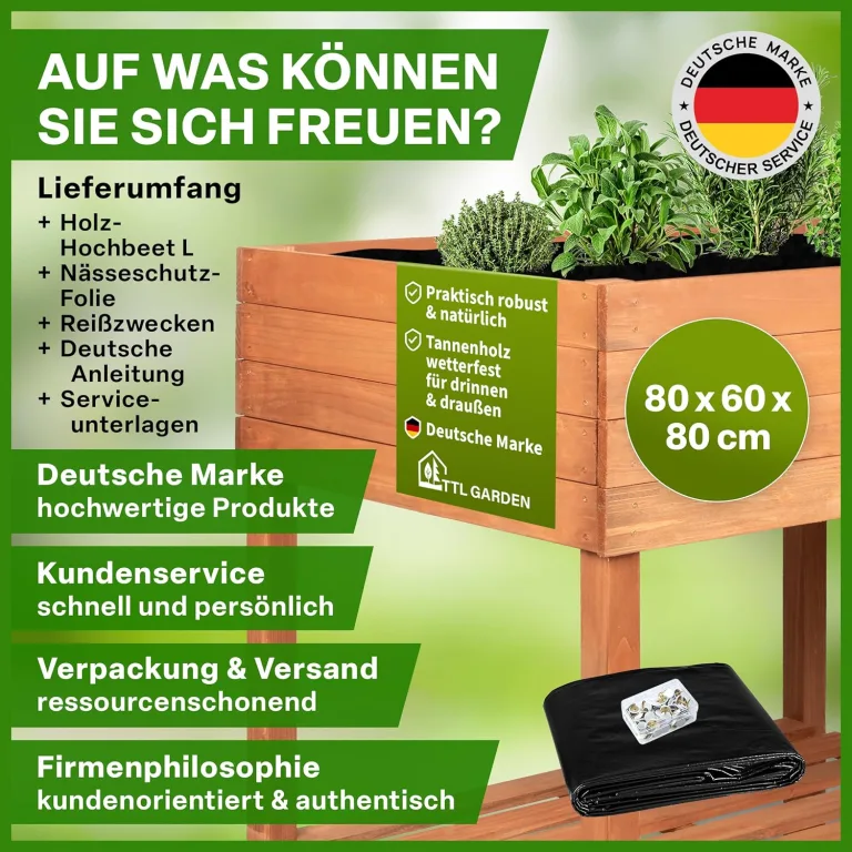 TTL GARDEN Balkon Hochbeet XL 120x40x80cm aus Holz - Pflanzkasten & Blumenkasten mit Ablageboden & Folie - Tannenholz wetterfest - Pflanzbeet Kräuterbeet Blumenbeet für Garten Balkon Terrasse Braun – Bild 8