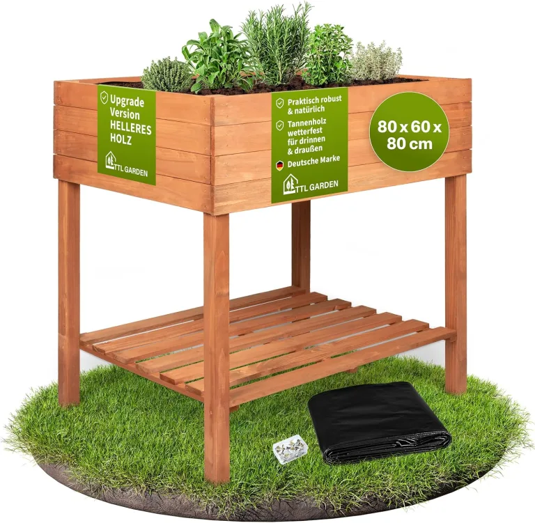 TTL GARDEN Balkon Hochbeet XL 120x40x80cm aus Holz - Pflanzkasten & Blumenkasten mit Ablageboden & Folie - Tannenholz wetterfest - Pflanzbeet Kräuterbeet Blumenbeet für Garten Balkon Terrasse Braun – Bild 1