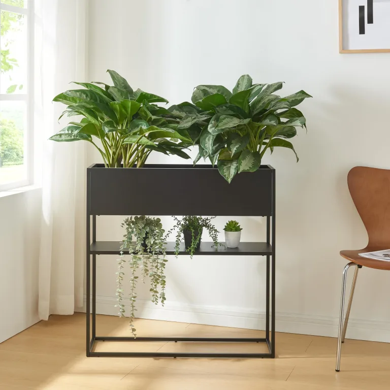 [en.casa] Blumenständer Joensuu Hochbeet mit Ablage Pflanzkübel Kräuterbeet Blumenkasten Pflanzkasten aus Stahl 80 x 80 x 25 cm Schwarz für drinnen und draußen – Bild 2