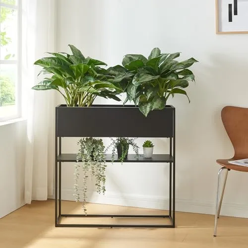 [en.casa] Blumenständer Joensuu Hochbeet mit Ablage Pflanzkübel Kräuterbeet Blumenkasten Pflanzkasten aus Stahl 80 x 80 x 25 cm Schwarz für drinnen und draußen – Bild 10