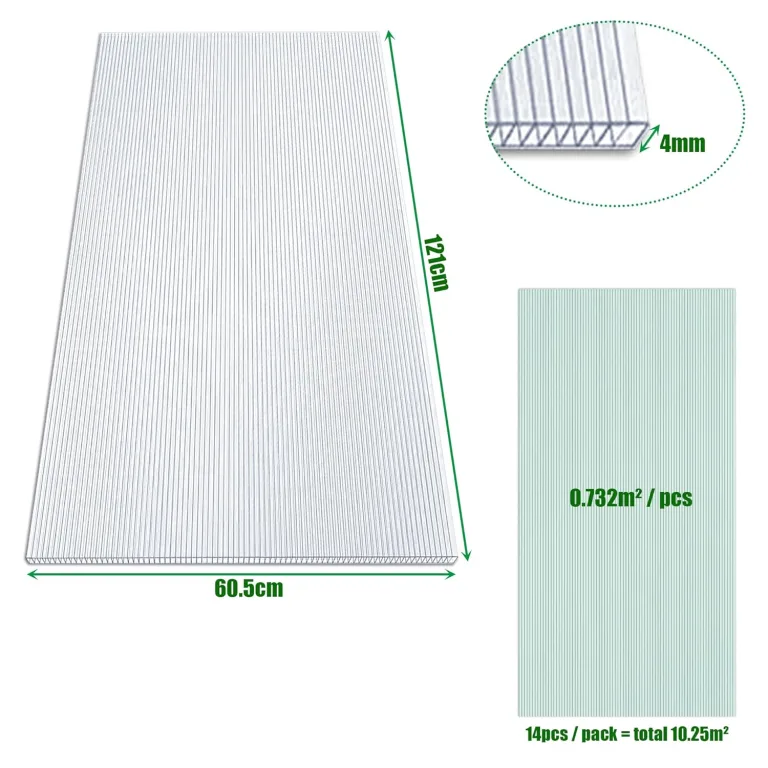 4mm Klar Stegplatten Set 14x Polycarbonat Hohlkammerstegplatten Total 10,25m² UV-beständigem Gewächshausplatten Schneidbar Doppelstegplatten für den Bau von Carports, Gewächshäuse – Bild 2