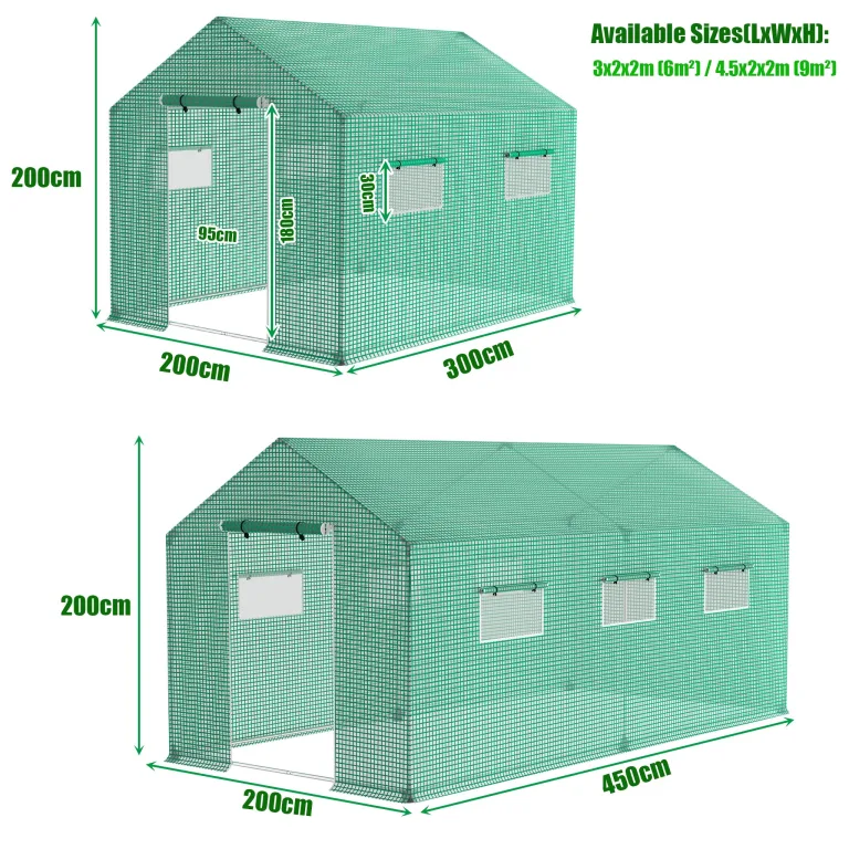 300x200x200cm Frostschutz Gartengewächshäuser aus Stahlrohren, 6㎡ Begehbares Tomatenhaus mit Satteldach, Rolltor mit Reißverschluss & Fenstern, Winterfest HDPE Foliengewächshaus für Garten – Bild 2