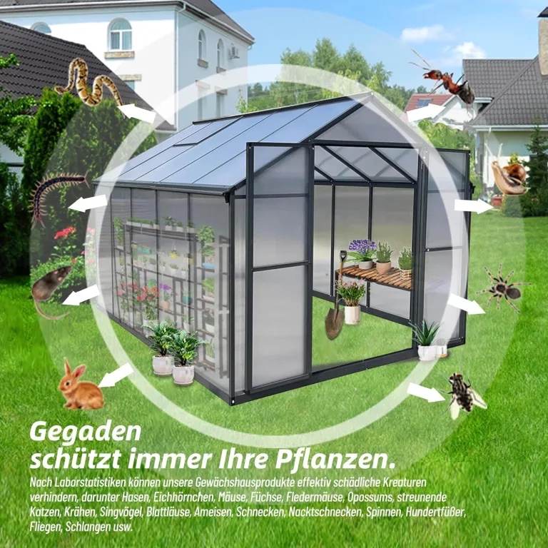 Gewächshaus Aluminium für den Garten |Mit 8 cm dickeres Fundament| 301*238*210 cm | Vielseitig nutzbar als Treibhaus Gartenhaus Winterfest Aufzucht Tomatenhaus Frühbeet und Pflanzenhaus Grau – Bild 5