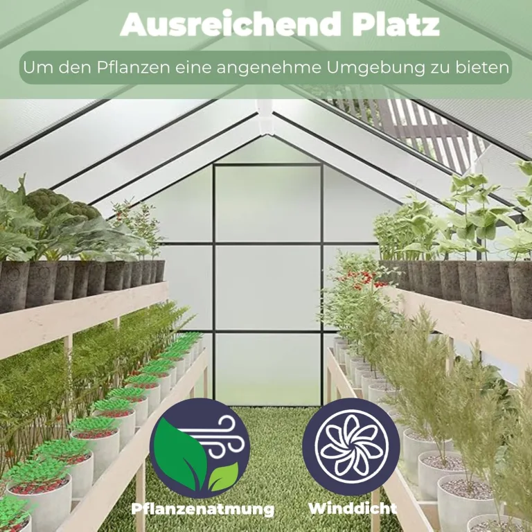 Gewächshaus Aluminium für den Garten |Mit 8 cm dickeres Fundament| 301*238*210 cm | Vielseitig nutzbar als Treibhaus Gartenhaus Winterfest Aufzucht Tomatenhaus Frühbeet und Pflanzenhaus Grau – Bild 6