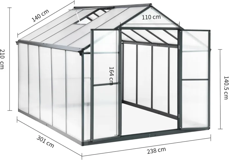 Gewächshaus Aluminium für den Garten |Mit 8 cm dickeres Fundament| 301*238*210 cm | Vielseitig nutzbar als Treibhaus Gartenhaus Winterfest Aufzucht Tomatenhaus Frühbeet und Pflanzenhaus Grau – Bild 2