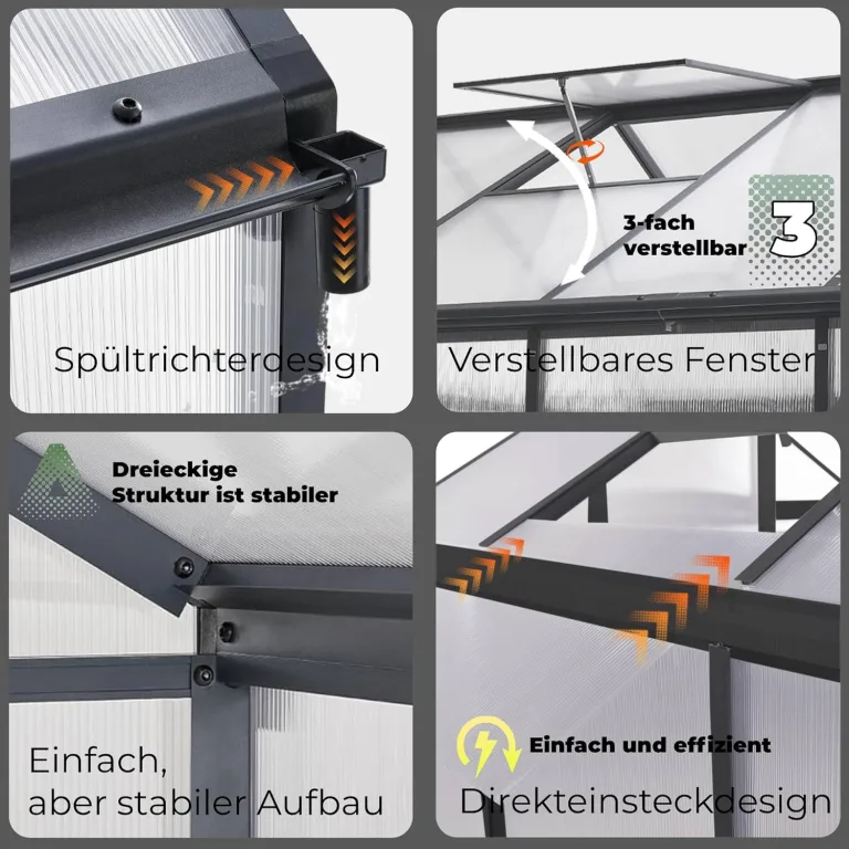 Gewächshaus Aluminium für den Garten |Mit 8 cm dickeres Fundament| 301*238*210 cm | Vielseitig nutzbar als Treibhaus Gartenhaus Winterfest Aufzucht Tomatenhaus Frühbeet und Pflanzenhaus Grau – Bild 3