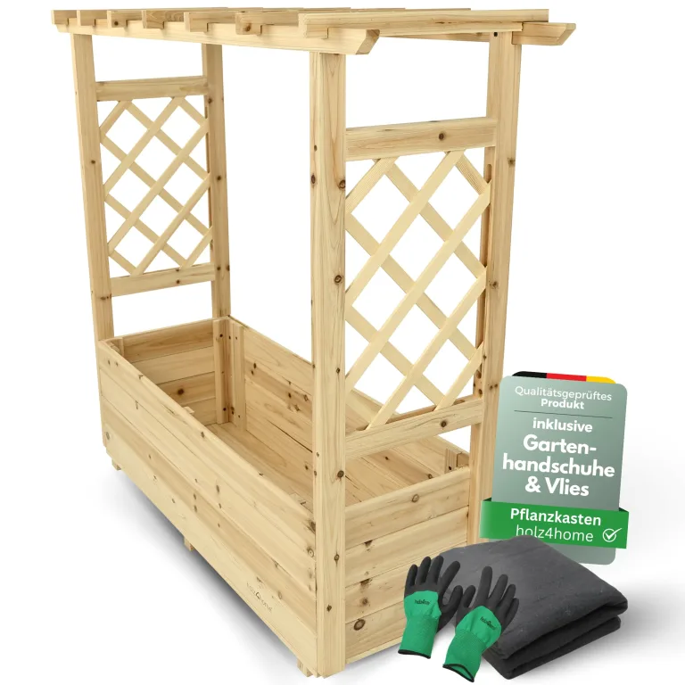 holz4home® Pflanzkasten mit Rankgitter & Dachregal I Aus Tannenholz inkl. Vlieseinlage & Gartenhandschuhe I Blumenkasten mit Spalier für Garten Terrasse I Hochbeet mit Rosenbogen Balkonkasten (M) – Bild 1