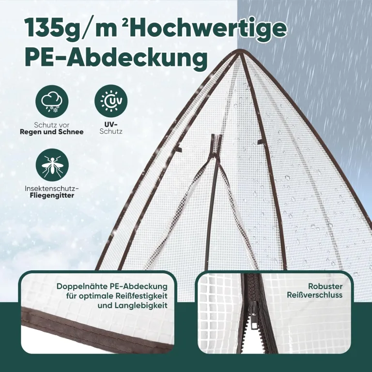Sekey Winterschutz Gewächshaus 180×160×160 cm – Winterfestes Pflanzenhaus mit robuster Folie, Stabile Konstruktion & Reißverschluss-Tür, Ideal als Überwinterungszelt für Garten & Balkon, Weiß – Bild 4