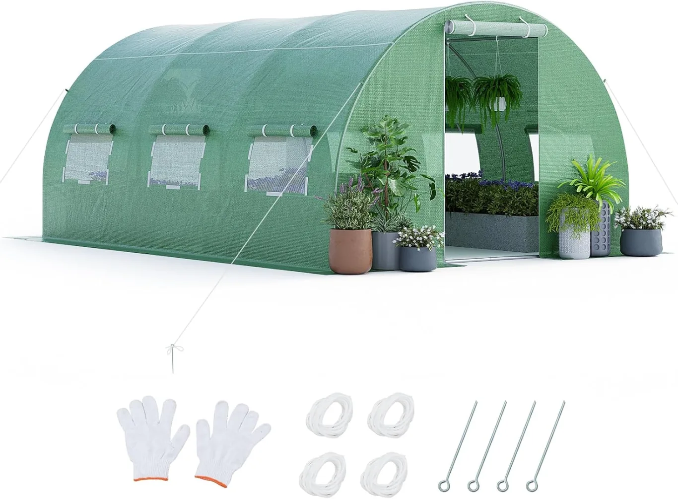 COSTWAY Gewächshaus, 4x3x2m|12m², Foliengewächshaus mit Metallgestell, Treibhaus mit 6 aufrollbaren Netzfenstern & 2 Reißverschlusstüren, Garten Folientunnel, für Tomaten Gemüse Blumen Obst, Grün - Bild 1