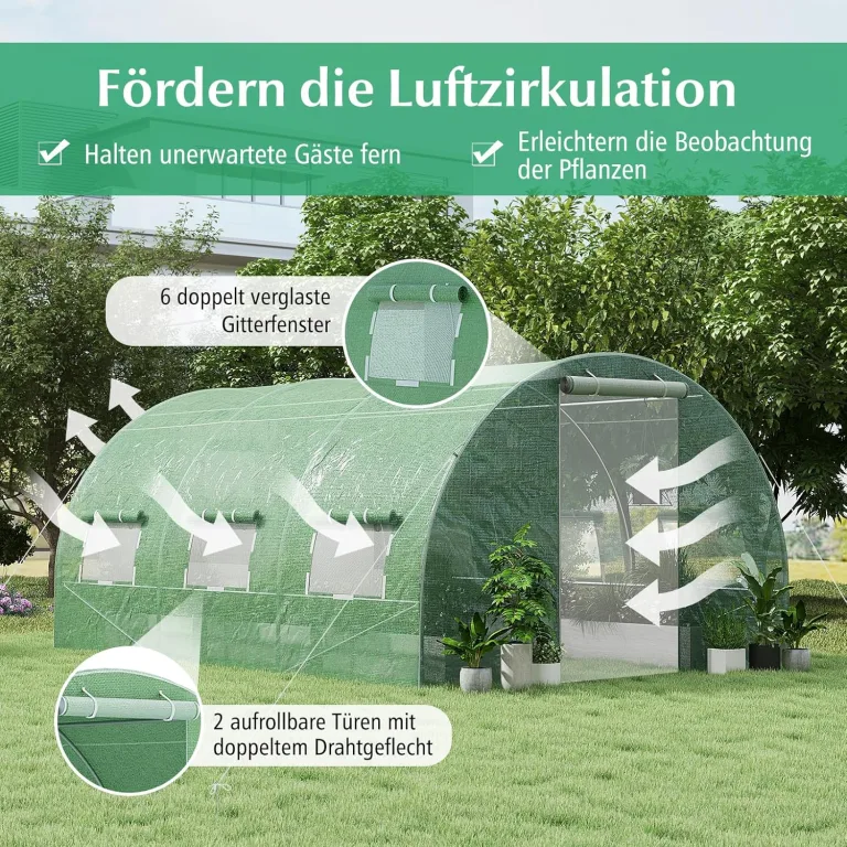 COSTWAY Gewächshaus, 4x3x2m|12m², Foliengewächshaus mit Metallgestell, Treibhaus mit 6 aufrollbaren Netzfenstern & 2 Reißverschlusstüren, Garten Folientunnel, für Tomaten Gemüse Blumen Obst, Grün – Bild 2