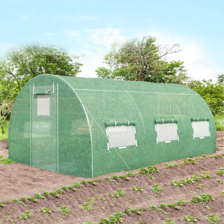 GOPLUS 4x3x2m Gewächshaus mit Metallrahmen, 12m² Gartengewächshäuser mit 6 Fenstern & 2 Türen, Foliengewächshaus für Bauernhof, Hinterhof & Garten (4x3x2m) – Bild 5