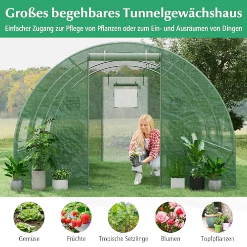 GOPLUS 4x3x2m Gewächshaus mit Metallrahmen, 12m² Gartengewächshäuser mit 6 Fenstern & 2 Türen, Foliengewächshaus für Bauernhof, Hinterhof & Garten (4x3x2m) – Bild 8