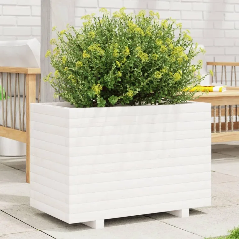 vidaXL Pflanzkübel, Blumenkübel mit Holzrahmen, Blumenkasten für Terrasse Garten, Pflanzkasten Hochbeet Pflanzgefäß, Weiß Massivholz Kiefer – Bild 3
