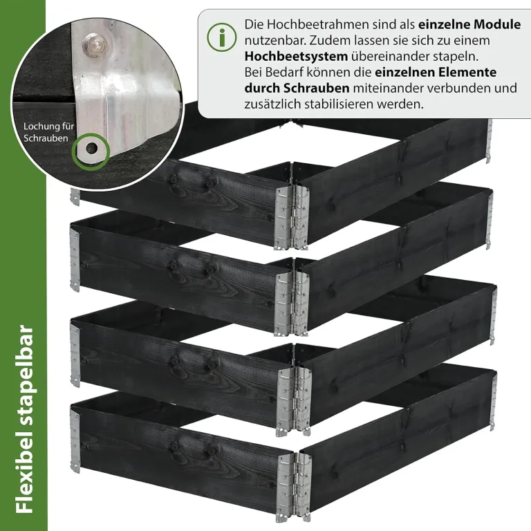 TRUTZHOLM Hochbeet aus Holz 120x80x80 cm Palettenrahmen 4-teilig stapelbar steckbar faltbar Pflanzbeet Beeteinfassung Holzrahmen Aufsatzrahmen für Europalette Garten Balkon Terrasse in Schwarz – Bild 4