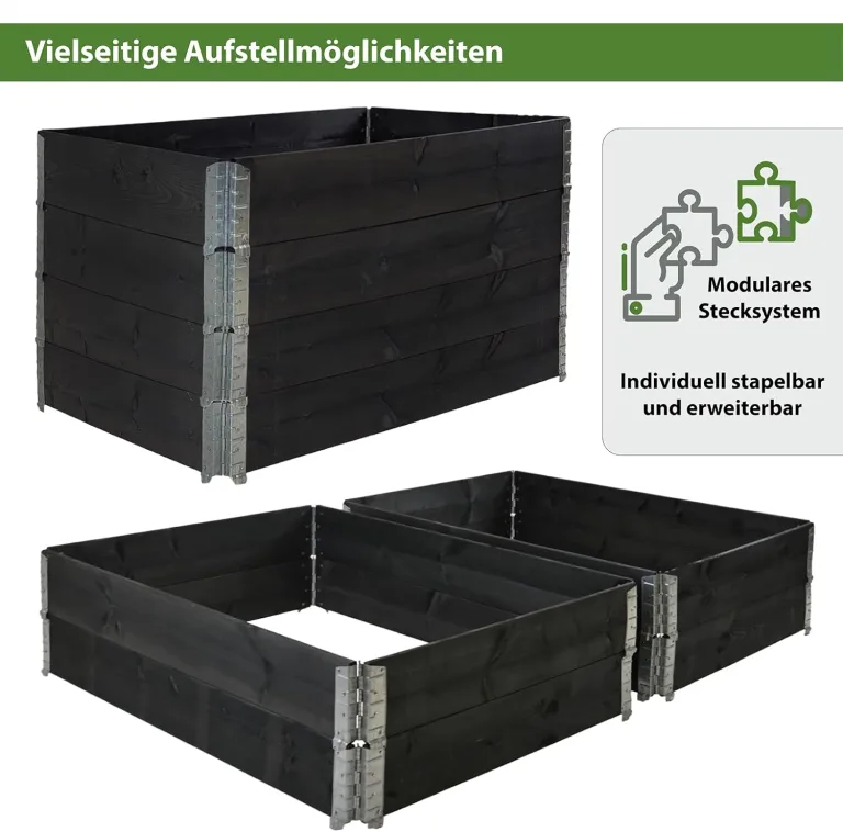 TRUTZHOLM Hochbeet aus Holz 120x80x80 cm Palettenrahmen 4-teilig stapelbar steckbar faltbar Pflanzbeet Beeteinfassung Holzrahmen Aufsatzrahmen für Europalette Garten Balkon Terrasse in Schwarz – Bild 5