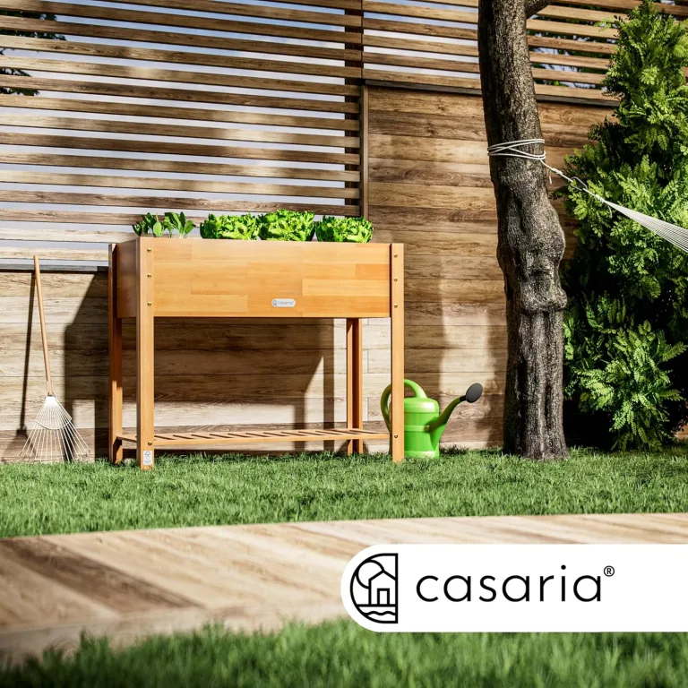 Casaria® Hochbeet 100x40x84cm FSC®-Zertifiziert Akazie 2stufig witterungsbeständig Massiv Holz Ablageboden Folie Kräuterbeet Pflanzkasten Beet Braun – Bild 3