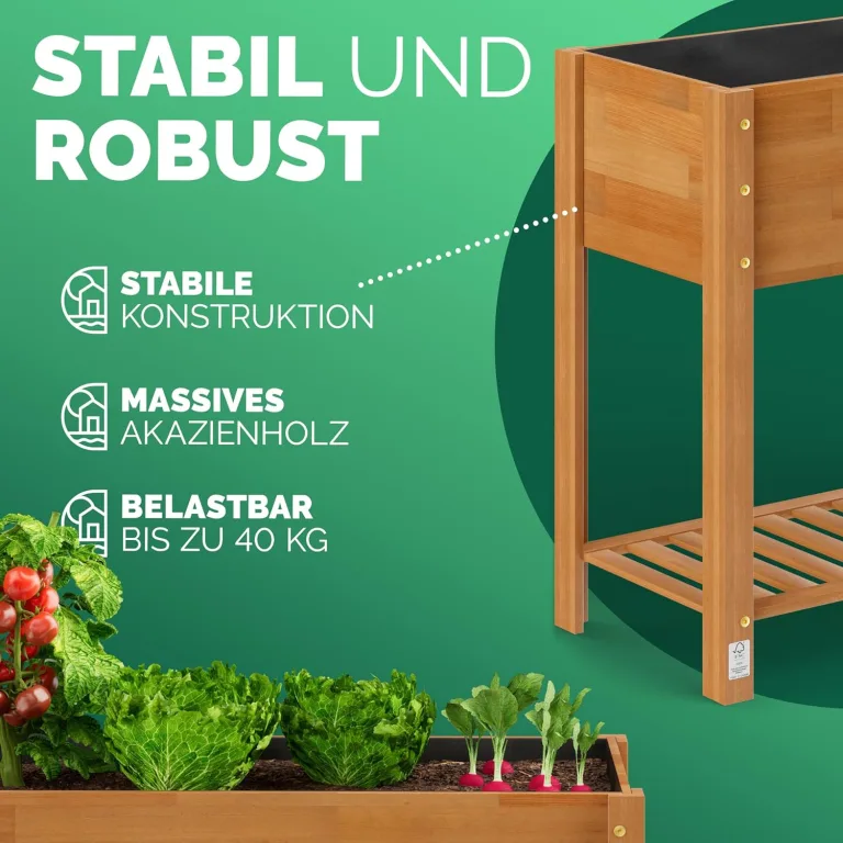 Casaria® Hochbeet 100x40x84cm FSC®-Zertifiziert Akazie 2stufig witterungsbeständig Massiv Holz Ablageboden Folie Kräuterbeet Pflanzkasten Beet Braun – Bild 4