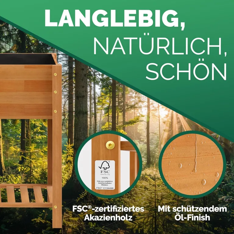 Casaria® Hochbeet 100x40x84cm FSC®-Zertifiziert Akazie 2stufig witterungsbeständig Massiv Holz Ablageboden Folie Kräuterbeet Pflanzkasten Beet Braun – Bild 9
