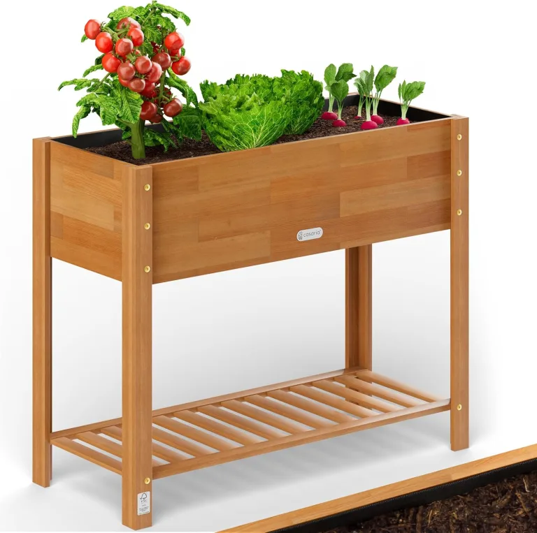 Casaria® Hochbeet 100x40x84cm FSC®-Zertifiziert Akazie 2stufig witterungsbeständig Massiv Holz Ablageboden Folie Kräuterbeet Pflanzkasten Beet Braun – Bild 1