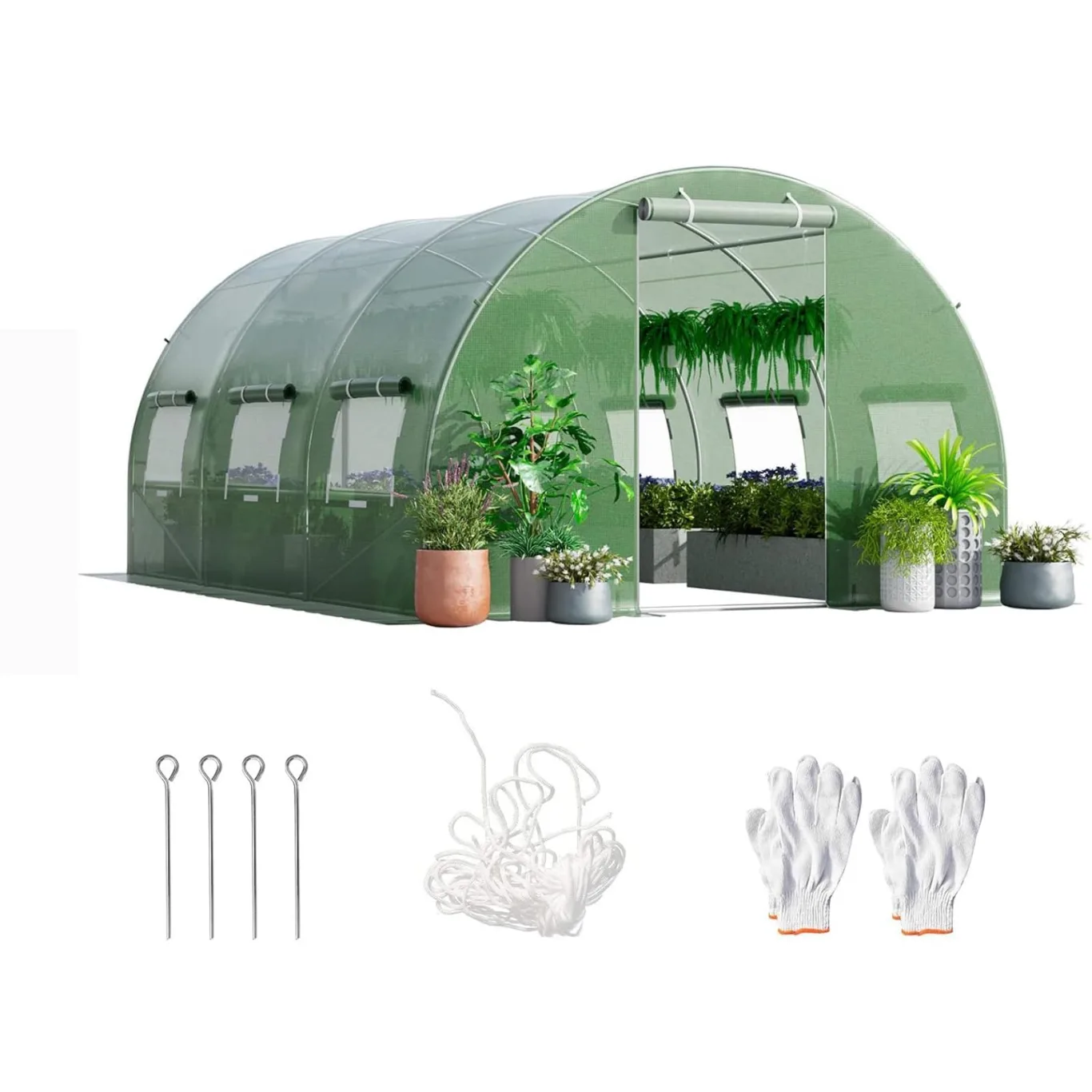 RELAX4LIFE Gewächshaus 4x3x2m-12m², Foliengewächshaus mit 6 Fenstern & 2 Reißverschlusstüren, Tunnelgewächshaus aus Metallrahmen & PE Folie, Treibhaus für Gemüse und Blumen,Grün - Bild 1