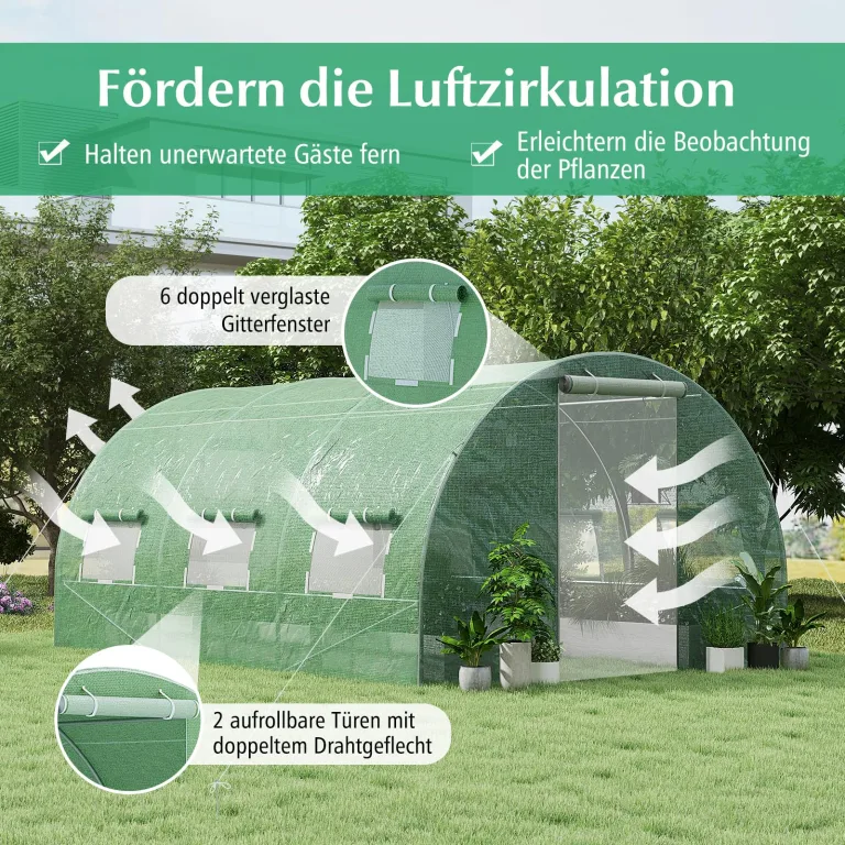 RELAX4LIFE Gewächshaus 4x3x2m-12m², Foliengewächshaus mit 6 Fenstern & 2 Reißverschlusstüren, Tunnelgewächshaus aus Metallrahmen & PE Folie, Treibhaus für Gemüse und Blumen,Grün – Bild 3
